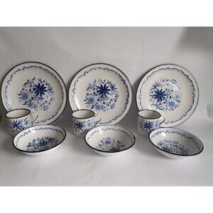 Vintage Enamelware Set cups plates bowls blue white Flowers French Country